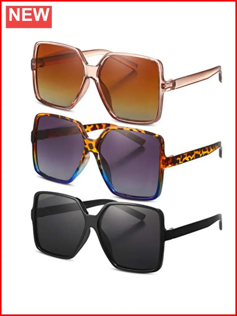 3 Pairs Retro Square Sunglasses Oversized UV Protection Polycarbonate Lens